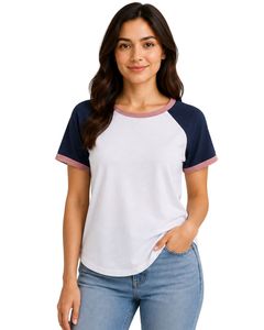 Customized <b>White</b> Navy Blue And Dusty Pink Raglan T <b>Shirt</b> For <b>Women</b> Casual Crew Neck <b>Short</b> <b>Sleeve</b> Soft Cotton Blend Summer - Product Image 1