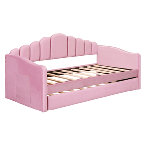 Lit d'appoint double en velours rose avec ports de charge USB, ne nécessitant pas de sommier, canapé-lit pour enfants (Ancien SKU HL000067AAH) - Product Image 1