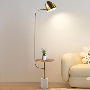 Lámpara de pie de arco de latón con estante de madera - Lámpara de pie moderna al por mayor - Product Image 1