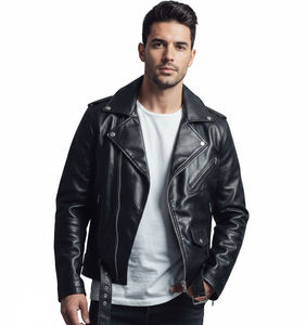 Chaqueta de Cuero Genuino Negra para Hombre, Estilo Bomber, con Cinturón, Corte Moderno, Personalizable OEM y ODM, Calidad Premium - Product Image 1
