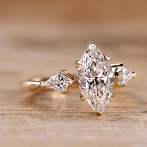 <b>Three</b> Stone Engagement Ring IGI Certified Marquise Lab Grown Diamond 10K 14K 18K Solid Gold Solitaire Ring Trilogy Designer Ring - Product Image 3