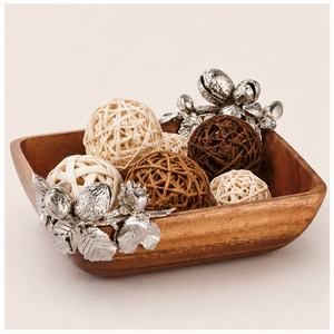 Bol de service carré en bois d'acacia artisanal de luxe avec accents en étain fin, noisette et feuilles – Vaisselle décorative haut de gamme - Product Image 6