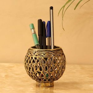 Support à stylos en laiton fait main avec motif goutte d'eau, art Dhokra, organisateur de bureau traditionnel en métal, décoration de table de bureau, papeterie - Product Image 4