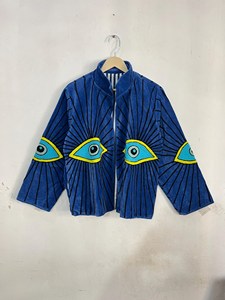Veste Bohème en Velours Bleu pour Femme, Broderie Abstraite Fait Main, Motif Œil Turc, Vêtement d'Extérieur pour Festival - Product Image 3