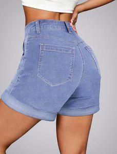 Shorts Bermuda de Mezclilla de Cintura Alta con Bolsillos, Algodón Lavado, Casual, para Mujer, Corte Regular, Cierre de Botones, Azul Claro - Product Image 2