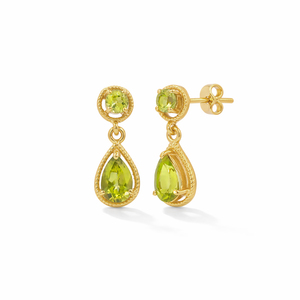 Boucles d'oreilles pendantes en argent sterling 925 avec péridot, pierres précieuses rondes et en forme de poire, bordure en corde plaquée or, design de créateur - Product Image 1