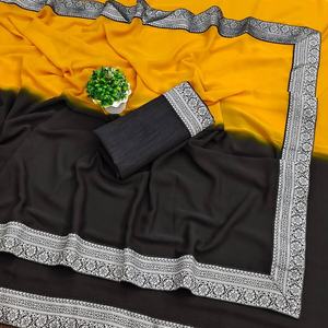 ATRACTIVE GEORGETTE SILVER JACQUARD LACE BORDER WORK SAREE CON BLUSA DESCOSTADA AMARILLO - Product Image 1