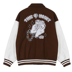Veste universitaire marron et blanche avec logo brodé, col rabattu, style preppy, vêtements d'automne pour hommes - Product Image 2