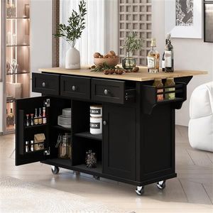 Carrello da Cucina a 5 Ruote con Piano Ribaltabile in Legno di Gomma, Struttura in Acciaio e Metallo, Ripiani Interni e Anta Armadietto - Product Image 2