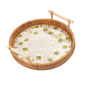 Plateau rond en nacre et rotin personnalisable, best-seller, pour le rangement des collations sur table, artisanat fait main avec poignée. - Product Image 1