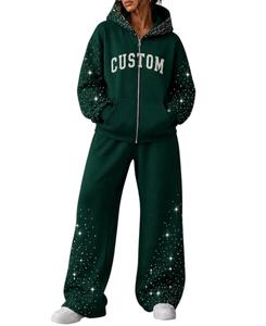 Custom Rhinestone Tracksuit <b>Zip</b> Up Hoodie Jogger <b>Sweatshirt</b> Set Winter Streetwear OEM Service - Product Image 3