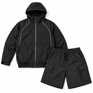 Men's Reflective Piping Hooded <b>Zip</b> <b>Up</b> Wholesale OEM <b>Black</b> Windbreaker & Cargo Shorts Heavyweight Nylon Tracksuit <b>Hoodie</b> Clothing - Product Image 5