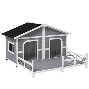 Abri surélevé en bois gris pour animaux de compagnie, grande niche pour chien avec porche, style cabane extérieure pour chiens de petite et moyenne taille, bâtiments de jardin - Product Image 1