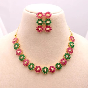 Premium Pear Shape Emerald Ruby Necklace Set CZ Brass Gold Plated Bridal Jewelry Wholesale Factory - Product Image 2