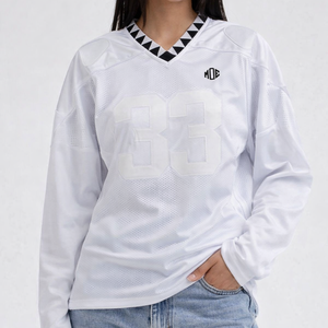 Jersey de Fútbol Americano Personalizado para Mujer, Manga Larga, Malla, Corte Holgado, con Parches, Transpirable, Poliéster, Ropa Deportiva, Suministro OEM - Product Image 1