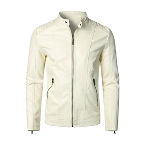 Blouson moto en PU blanc pour homme, col montant, fermeture éclair, coupe ajustée, pour l'automne, manches classiques, couleur unie - Product Image 1