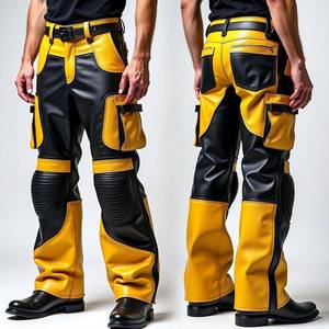 กางเกงขายาวหนัง PU สีดำสำหรับผู้ชายพร้อมแถบด้านข้างเอวสูงสไตล์สตรีทสไตล์ลำลอง - Product Image 2