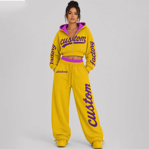 Ensemble de survêtement jaune court personnalisé pour femme avec capuche contrastante violette, étoile en strass et pantalon de survêtement large, fournisseur en gros - Product Image 6