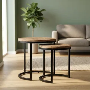 Modern Nested Wood <b>Side</b> <b>Tables</b> Minimalist Design Black Metal Frame Living Room Furniture Wooden iron Nesting <b>set</b> - Product Image 3