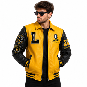 แจ็คเก็ตหนังสีเหลืองดำแบบกำหนดเองสำหรับผู้ชาย แจ็คเก็ตบอมเบอร์สไตล์ Letterman คลาสสิก พร้อมป้ายเชนีล รับผลิตแบบ OEM ODM ขายส่ง - Product Image 2