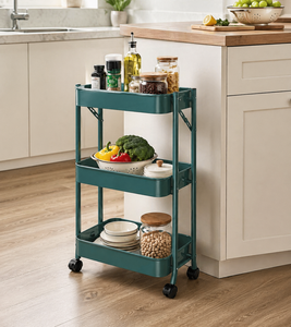 3-Tier Wheeled <b>Trolley</b> Iron Folding Waterproof Modern Storage Rack White/Black Floor Type Living Room Multifunctional Holder - Product Image 1