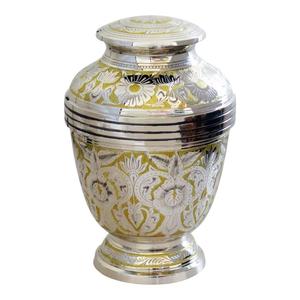 Urne funéraire traditionnelle en métal avec incrustation florale, vase décoratif fait main pour occasions de commémoration, style rond classique - Product Image 1