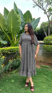 Vestido Maxi con Estampado Geométrico, Manga Abullonada, Cuello Redondo, Corte Holgado, Cintura Elástica, Tejido Transpirable, para Uso Diario Informal de Verano - Product Image 2