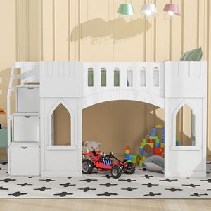 Letto a soppalco bianco singolo con scala contenitore e finestra - Prodotto per letti per bambini - Product Image 2