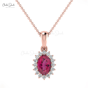 Wholesale Products Halo Pendant Oval Cut 6x4mm <b>Pink</b> Tourmaline Drop Pendant in 14k Fine Gold Diamond Custom Pendant Jewelry - Product Image 3