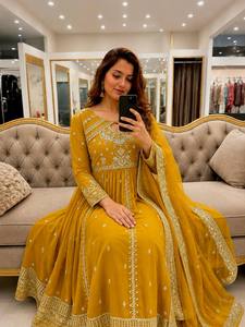 Ensemble Kurta brodé en rayonne jaune moutarde pour femme, coupe ample, style traditionnel indien pakistanais, longueur cheville, idéal pour mariage - Product Image 2