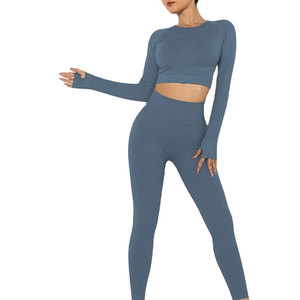Two Piece Yoga Set High Waist Elastic Waist Full Length Leggings Racerback Square Neck Crop <b>Top</b> Color Blocking Seamless - Product Image 4