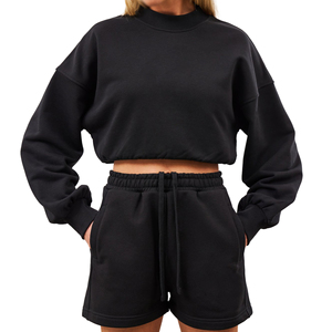 <b>Women</b> 2 Piece Black Fleece Crop Top <b>Shorts</b> Set Crew Neck Loose Fit Casual Spring Summer Outfit - Product Image 5