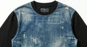 Men's Denim Washed <b>Patchwork</b> with Pattern Long Sleeve T-<b>Shirt</b> Crew Neck Ripped Streetwear Casual Tee - Product Image 4
