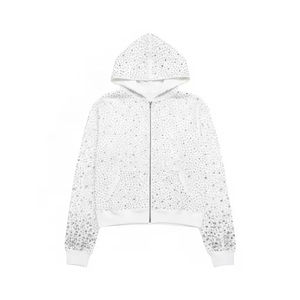 Prix d'usine – Nouvelle veste à capuche zippée oversize en molleton de coton mélangé avec strass sur toute la surface, personnalisable avec logo, pour homme – Collection Hiver Glamour - Product Image 5