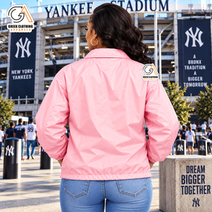 Gamma Phi Delta Sorority <b>Girl</b> Pink <b>Varsity</b> Coaches <b>Jacket</b> 100% Polyester Button Closure Turn-down Collar Full Sleeve Waterproof - Product Image 2
