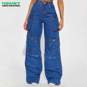 Jean cargo en denim taille haute à jambes larges pour femme, coupe ample multi-poches, en coton bleu - Product Image 1