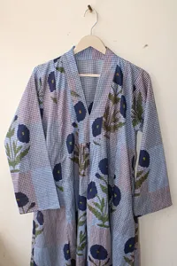 Women Hand Block Print Cotton Maxi <b>Dress</b> Blue Floral <b>Loose</b> Fit V Neck A Line Long <b>Dress</b> - Product Image 2
