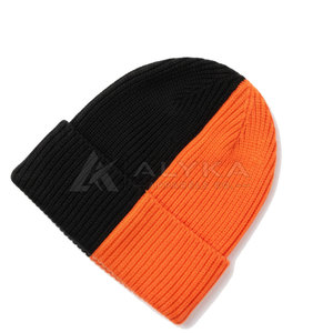 Wholesale Rate Unisex New Design Fashion <b>Beanie</b> Soft 100% <b>Wool</b> Material Custom Logo Casual Adjustable Two Tone Orange Black <b>Hats</b> - Product Image 2