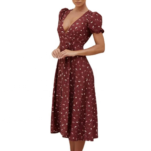 Vestido Cruzado Floral de Verano, Vestido Midi Informal Vintage para Mujer con Mangas Cortas Abullonadas y Cuello en V - Product Image 2