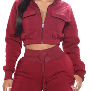 Ensemble de survêtement sport 2 pièces OEM personnalisé pour femme, hiver, uni, avec haut court à lacets et bas à capuche sans manches - Product Image 3