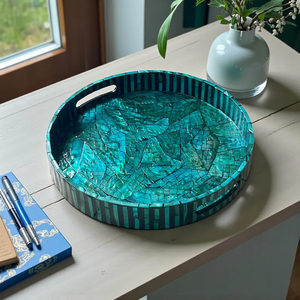 Bandeja Redonda de Madreperla Turquesa PERFECT ENTERPRISES, Bandeja de Servir Hecha a Mano con Mosaico, Bandeja Decorativa - Product Image 1