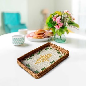 Luxury Mother of Pearl Inlay Rattan Snack <b>Serving</b> <b>Tray</b> Set Handmade Natural Shell Decorative Platter for Ramadan & Eid - Product Image 2