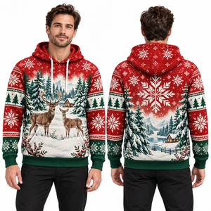 Men's Red Christmas Hoodie with Pocket Knitted Polyester Casual Winter Sweatshirt Eco-Friendly Windproof - Product Image 6