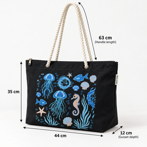 กระเป๋าผ้าแคนวาสสีดำปักลายสัตว์ทะเล ขนาด 44x35x12 ซม. 300 GSM หูหิ้วเชือก ซิปปิด  โลโก้สั่งทำได้ กระเป๋าช้อปปิ้งชายหาด ขายส่ง OEM - Product Image 6