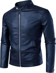 Men's Navy Blue Genuine <b>Leather</b> <b>Jacket</b> Moto Biker Style Stand Collar Zipper Closure Slim Fit Regular Sleeve Solid Color Autumn - Product Image 2