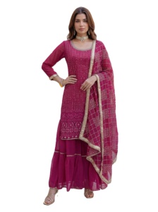 Latest Traditional Winter Indian Embroidered Sharara Gharara <b>Kurti</b> Set Georgette Fabric Pakistani Designer Customize Ethnic Wear - Product Image 3