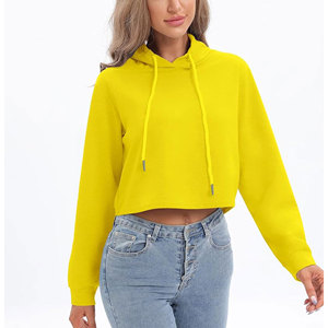 Sweat-shirt à capuche court jaune pour femme, pull uni à manches longues, style décontracté streetwear, haut d'automne - Product Image 5
