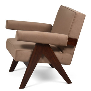 Sillón de terciopelo color topo de estilo moderno de mediados de siglo, con patas en V de madera maciza, sillón Chandigarh, sillón de diseño retro de lujo. - Product Image 5