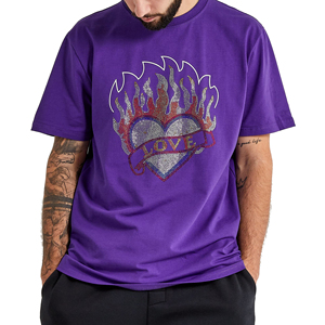 T-shirt violet à manches courtes pour homme avec motif cœur flamme en strass, col rond, coupe décontractée, en jersey de coton, personnalisable, ample - Product Image 4