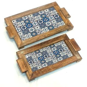 Plateau de service en bois émaillé mosaïque bleue de luxe, plateau alimentaire artisanal en bois avec poignées, élégant plateau de service pour la maison et l'hôtel - Product Image 5
